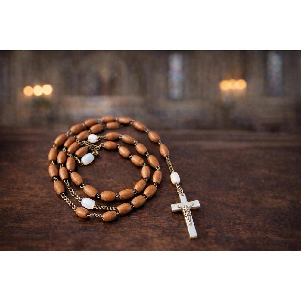 Vintage Rosary Olive Wood and Mother of Pearl Cross and Beads 43" L Holy Land